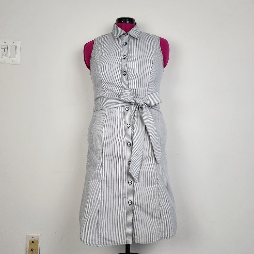 Grace Sleeveless Dress Blue Striped Midi Button Front Cotton Blend Tie Waist 6 - Picture 12 of 12
